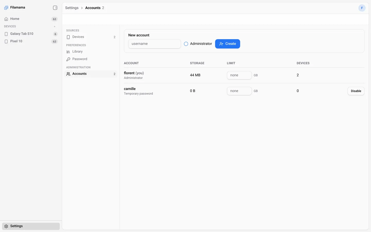 Filamama settings, Accounts: a form to create a new account with an administrator checkbox, and a table listing florent, administrator with 44 MB and 2 devices, and camille with a temporary password