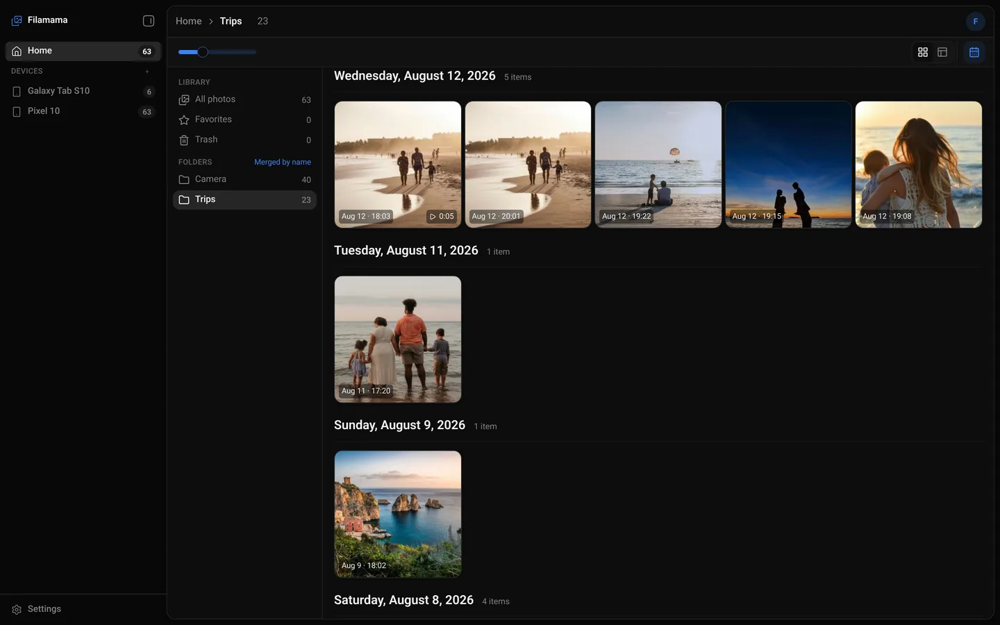 Filamama web app, the Trips folder merged across two devices, grouped by day