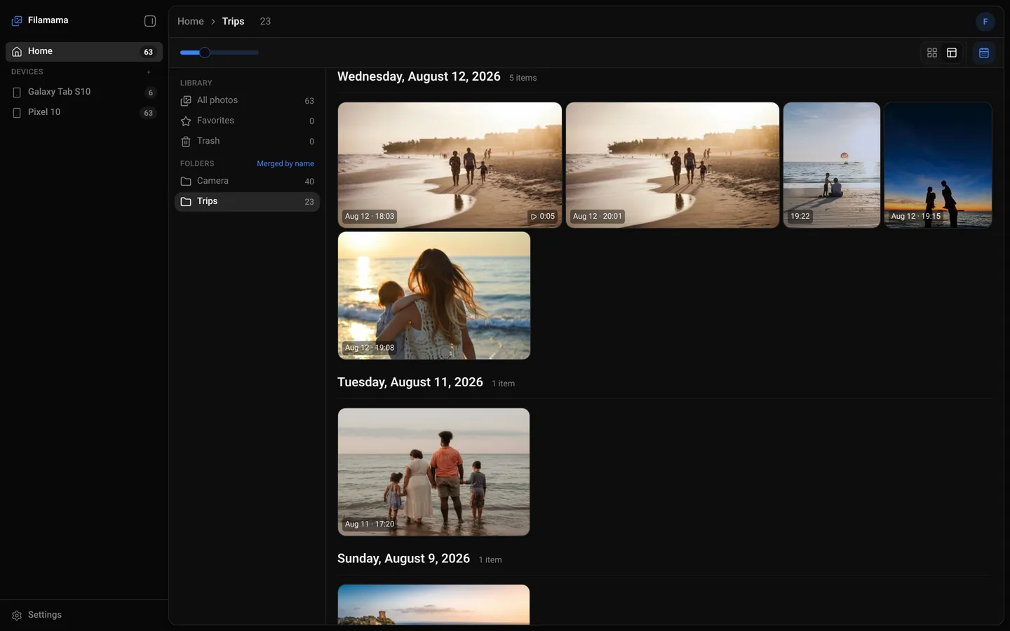 Filamama web app, a close crop of the mosaic grid: beach photos at golden hour with dates on each tile