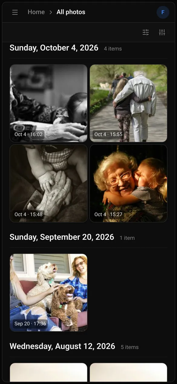 Filamama web app on a phone screen: All photos grouped by day in two columns