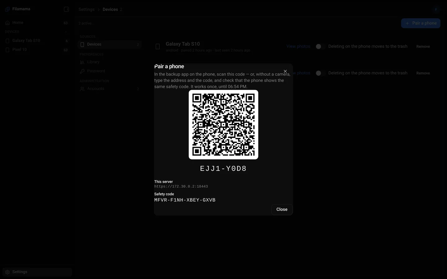 Filamama, the Pair a phone dialog with a QR code, a short pairing code and a safety code
