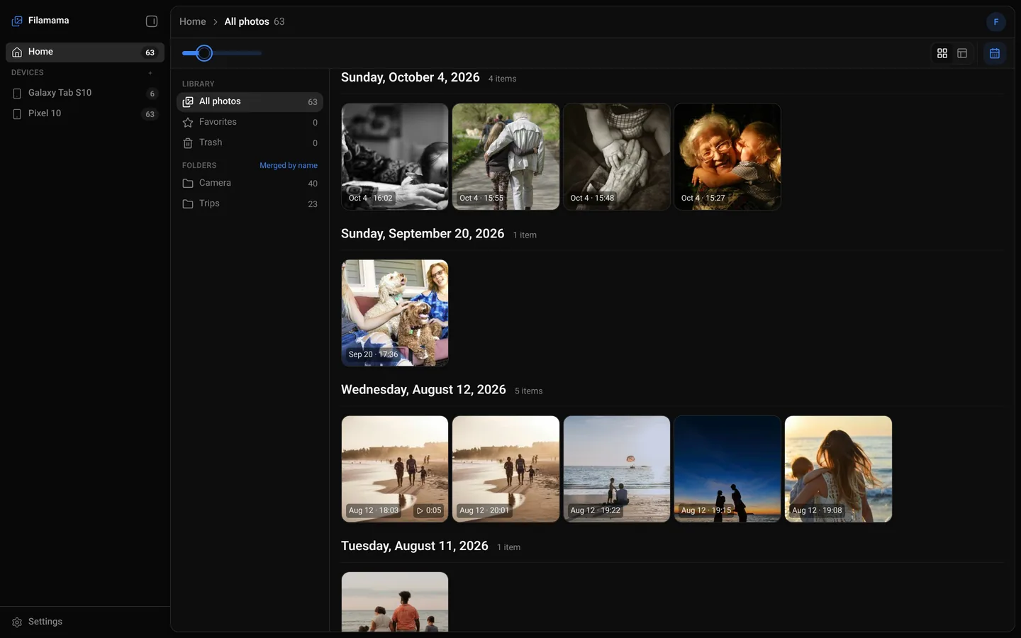 Filamama web app with the grid zoomed out to a dense view of small tiles