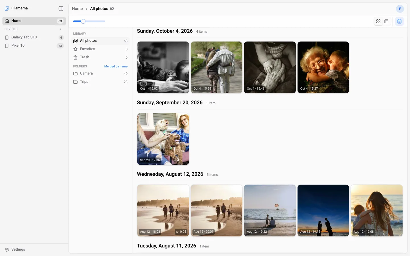 Filamama web app in the light theme: the same timeline on a white background