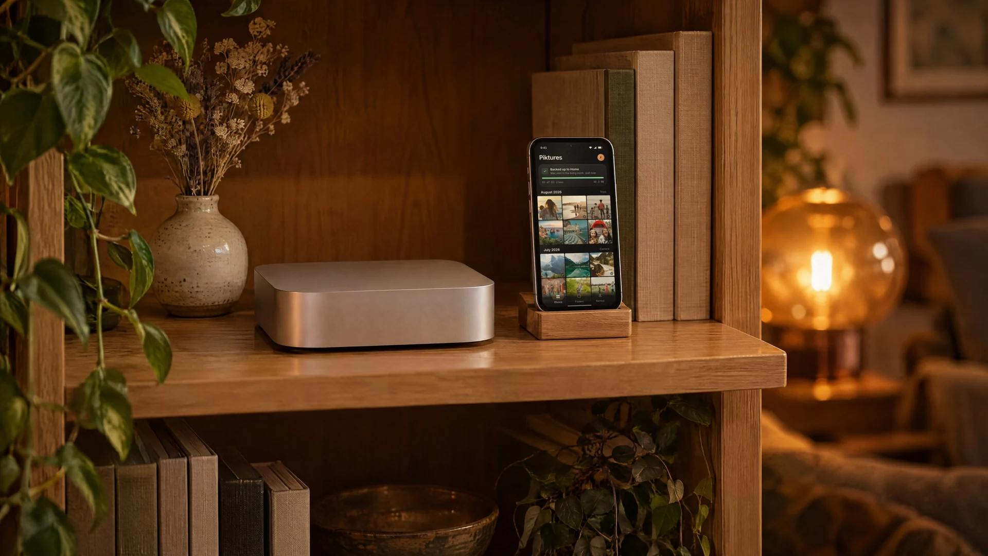A phone on a wooden stand on a lamp-lit bookshelf, beside a small silver computer. The phone shows Piktures: backed up to Home, Mac mini in the living room